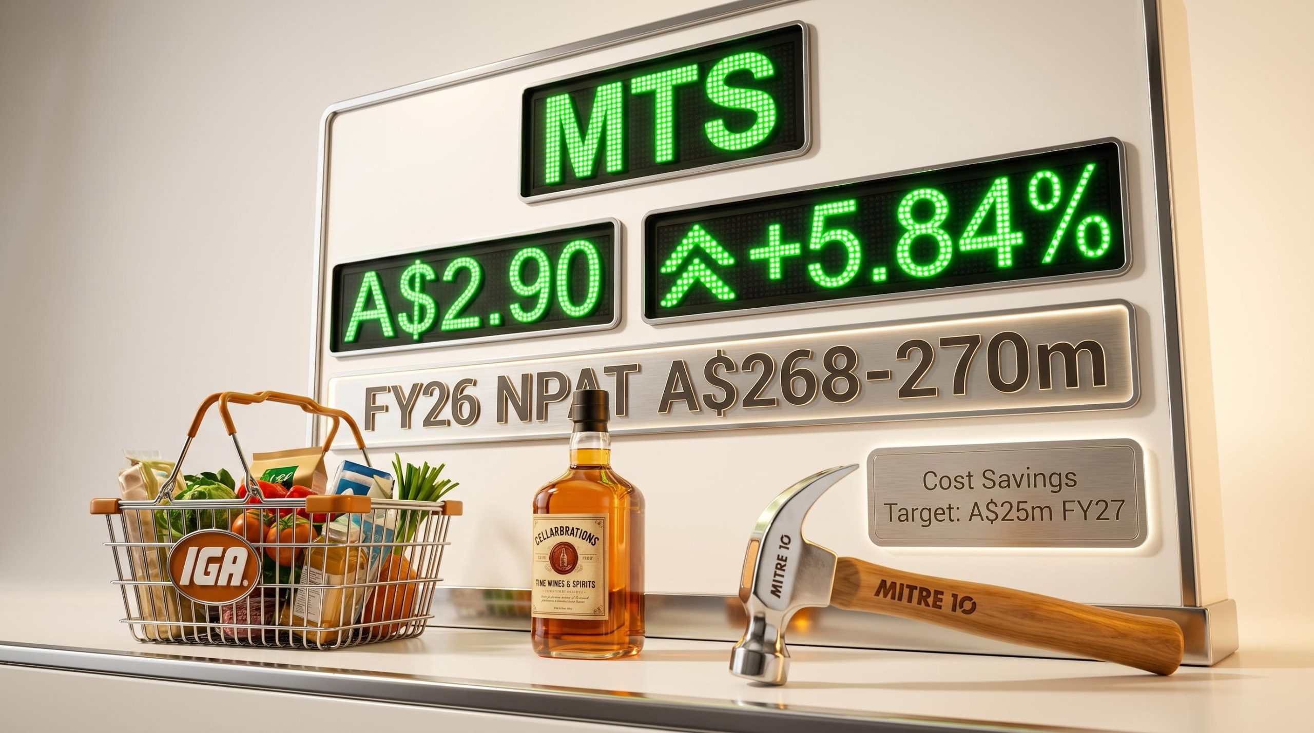 Metcash MTS share price board showing 5.84% gain and FY26 NPAT guidance of A$268-270m