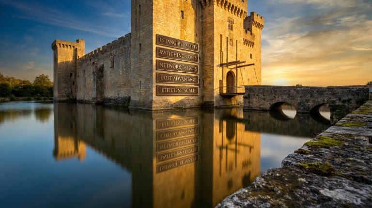 Stone castle with wide moat and five economic moat sources engraved on bronze plaques — economic moat investing concept