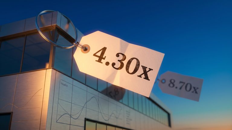 ResMed price-to-sales ratio tag showing 4.30x against faded 8.70x historical average on building facade