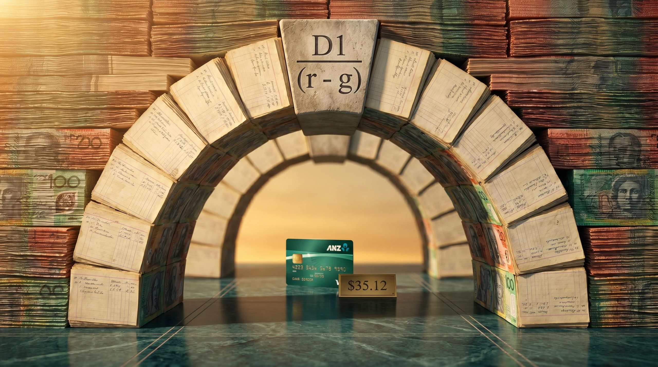 ANZ card framed by a banknote arch with DDM formula, illustrating dividend discount model valuation for bank stocks