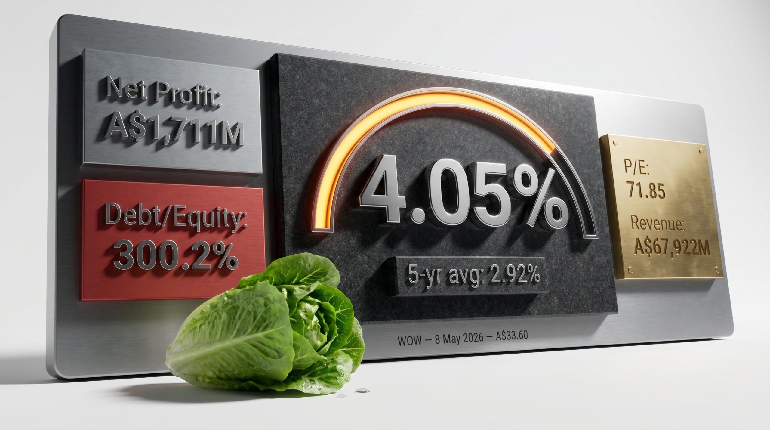 Woolworths dividend yield gauge showing 4.05% vs 2.92% five-year average alongside debt and profit warning data