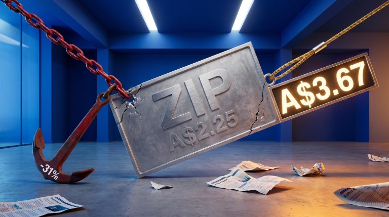 Zip share price tension: ZIP ticker panel pulled down 31% by red chain, upward by analyst target A$3.67