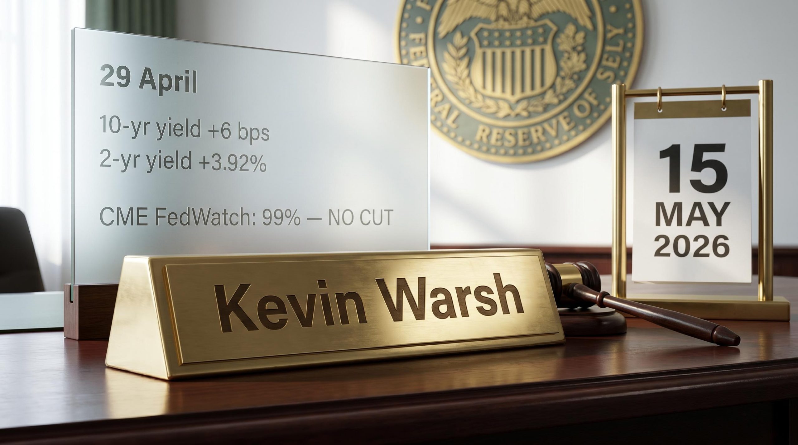 Kevin Warsh Fed chair nomination brass nameplate on Fed desk with "99% NO CUT" yield data and May 15 deadline