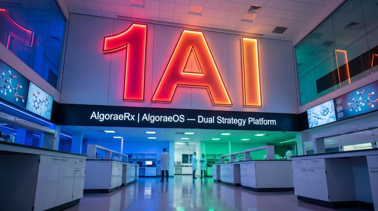 Modern AI laboratory with neon sign