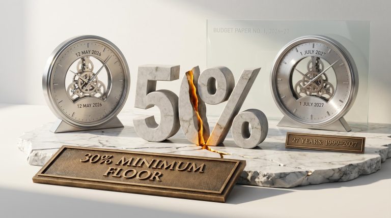 Two chrome clocks bracket a fractured 50% stone numeral above a 30% MINIMUM FLOOR plaque — Australian investment tax changes