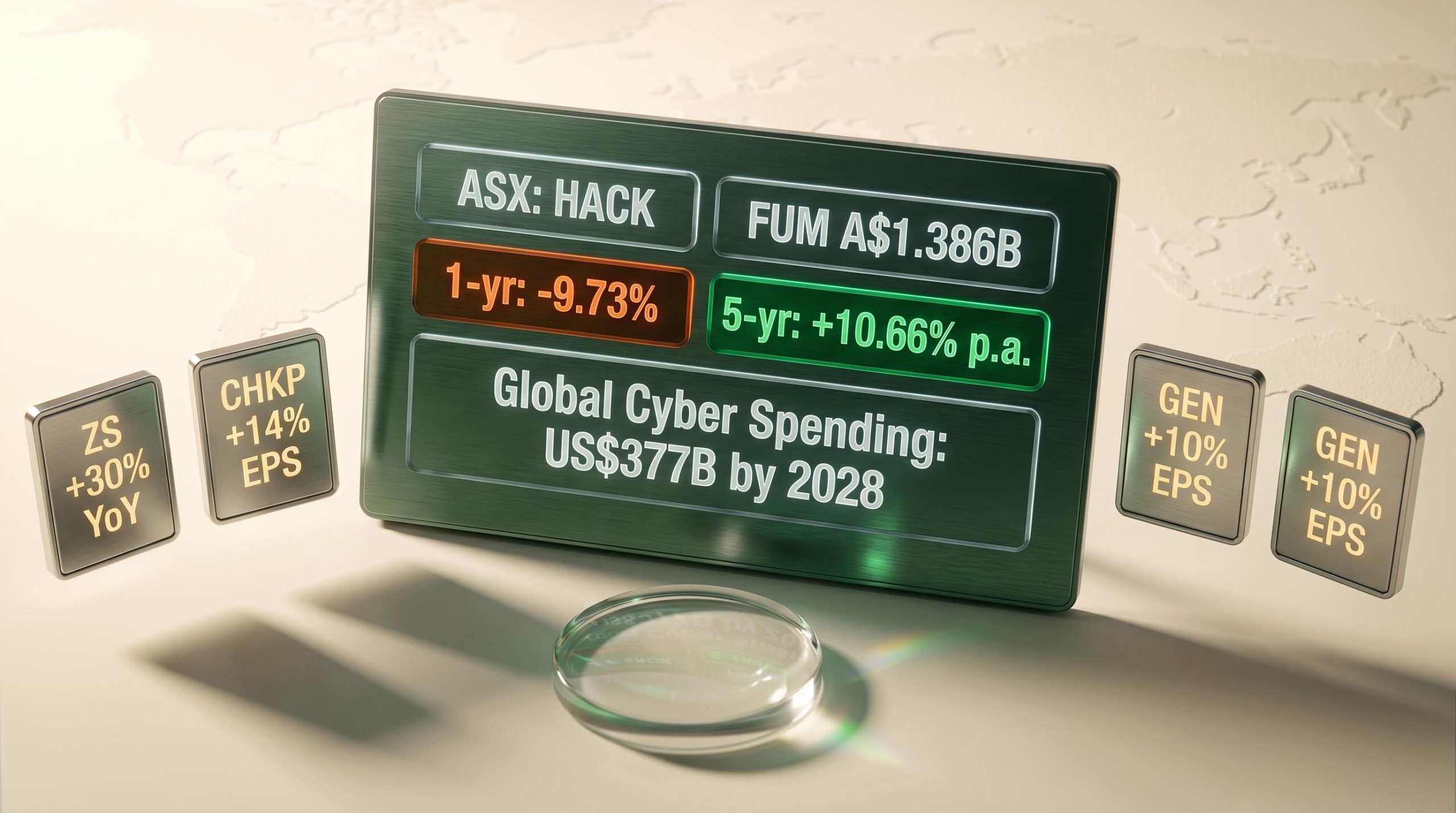 ASX: HACK cybersecurity ETF dashboard showing -9.73% 1-yr vs 10.66% 5-yr return and US$377B 2028 forecast