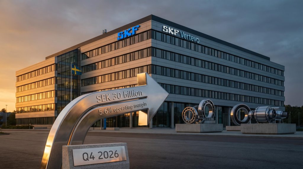 SKF headquarters split showing original logo and new Vertevo nameplate with SEK 30 billion revenue and 5.6% margin figures