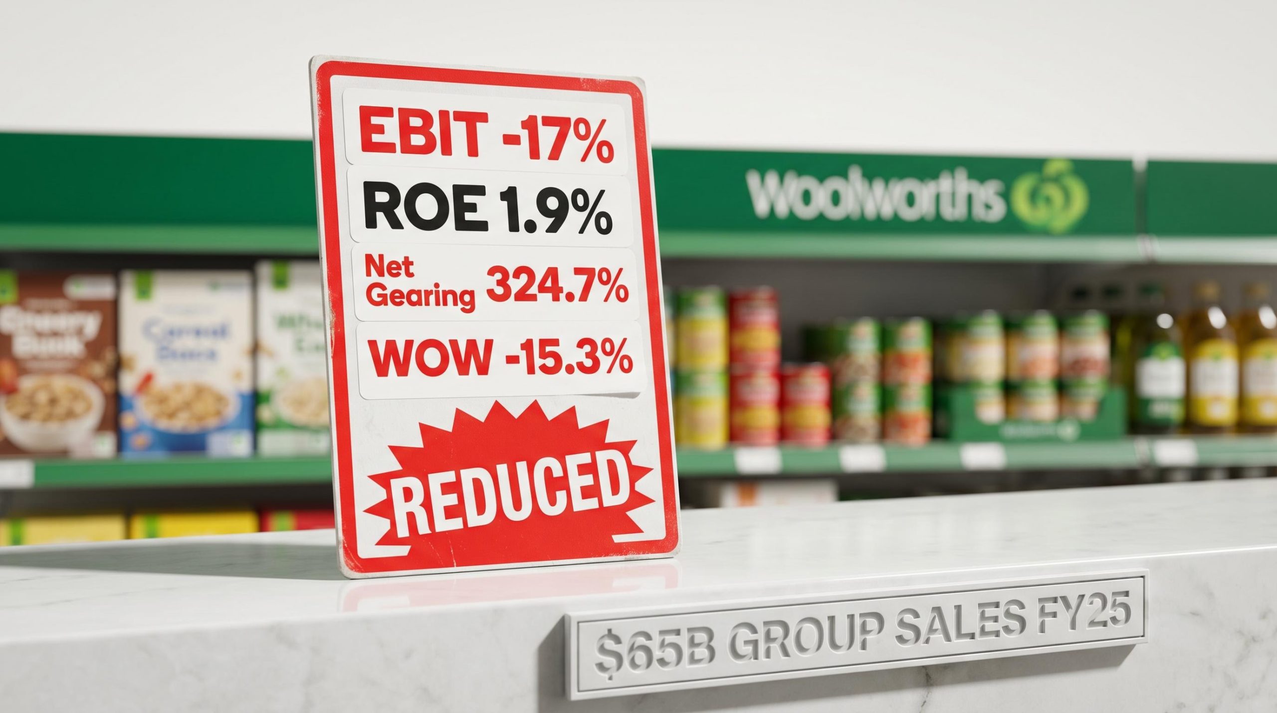 Woolworths shares oversized retail price tag showing EBIT -17% and net gearing 324.7% as FY25 earnings deteriorate