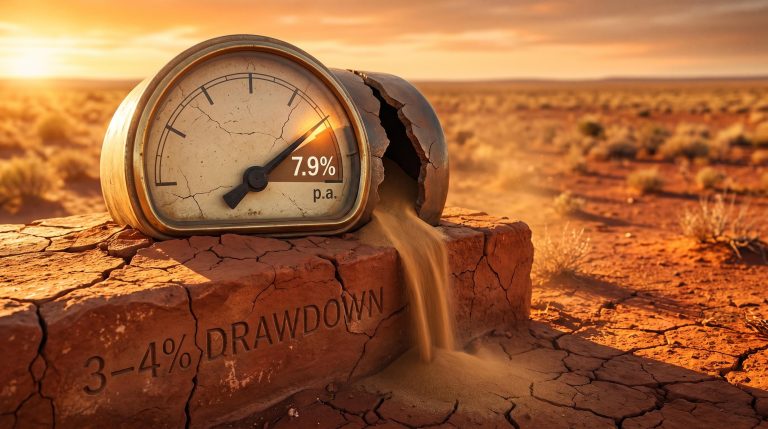 Cracked fuel gauge pinned at 7.9% p.a. leaking sand on red Australian earth — retirement planning high inflation warning