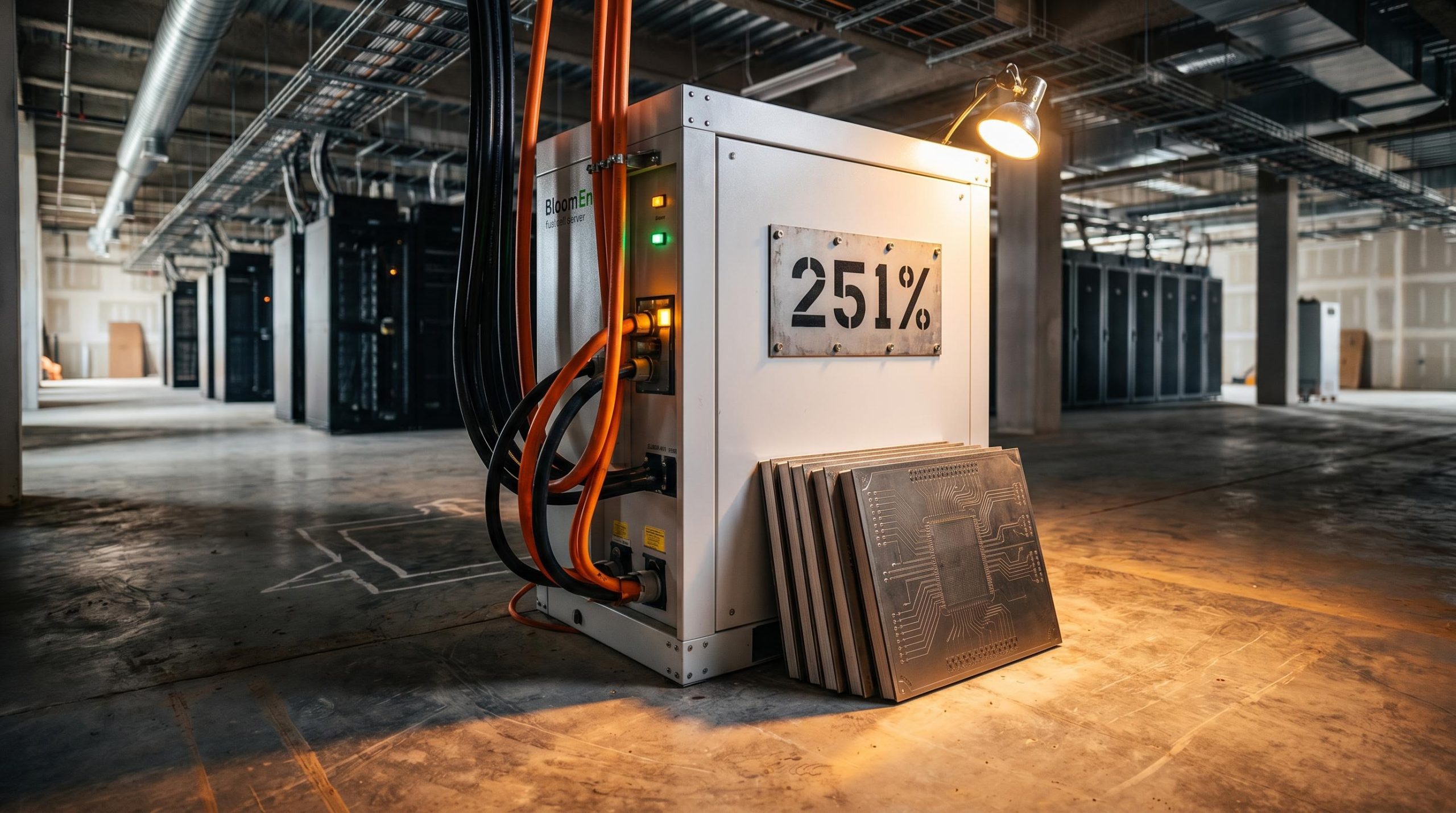 Bloom Energy fuel cell unit and NAND flash chips inside an AI data centre, representing 2026's top AI infrastructure stocks