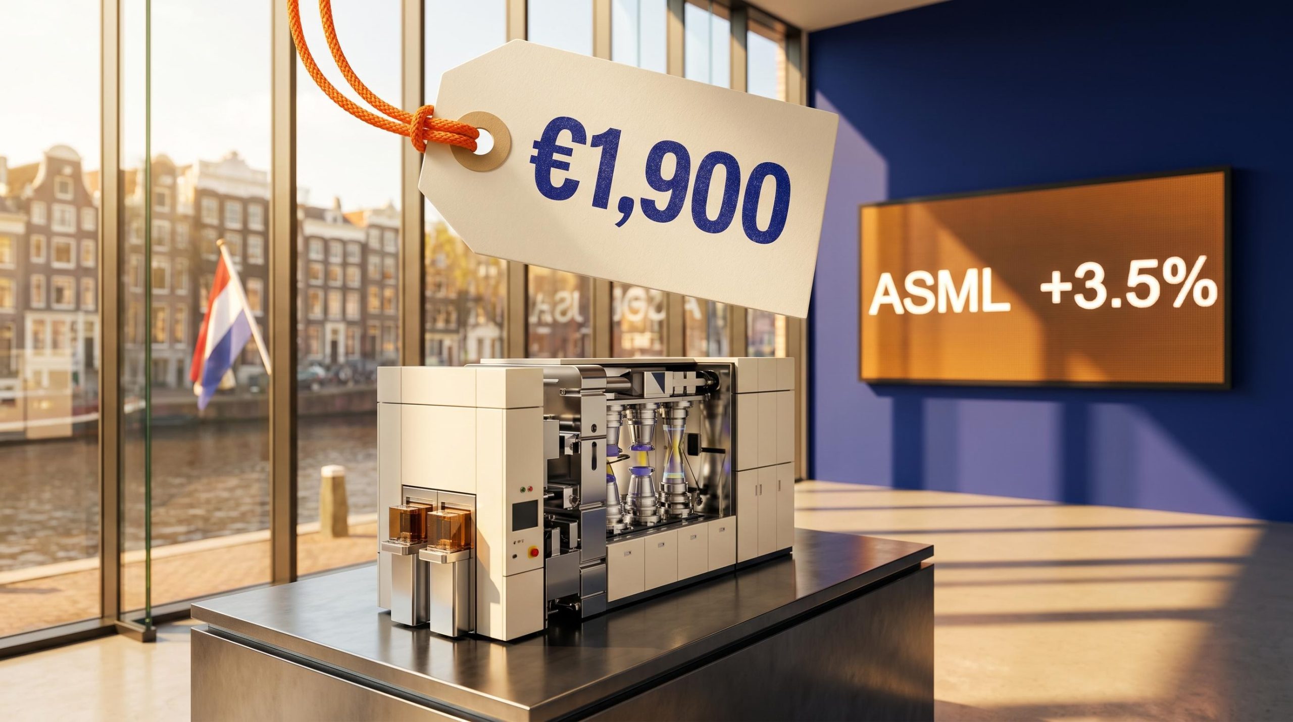 ASML EUV lithography machine with UBS €1,900 price target tag and Amsterdam canal backdrop