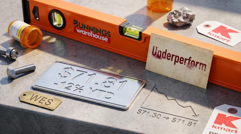 Bunnings spirit level and WES share price figure $71.81 with -12% YTD and Underperform analyst tag on concrete