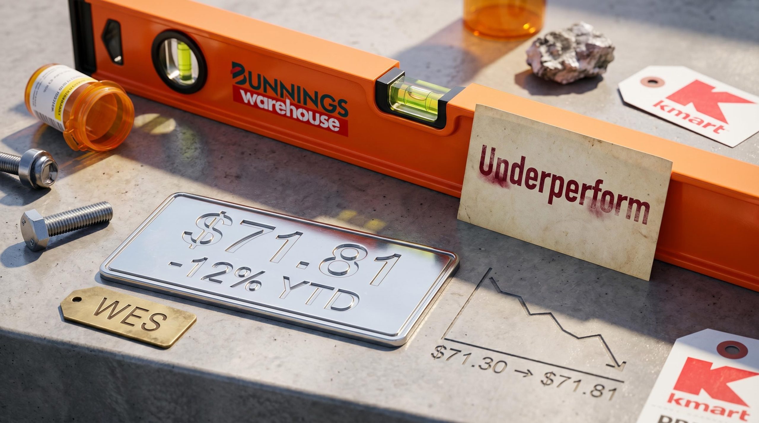 Bunnings spirit level and WES share price figure $71.81 with -12% YTD and Underperform analyst tag on concrete