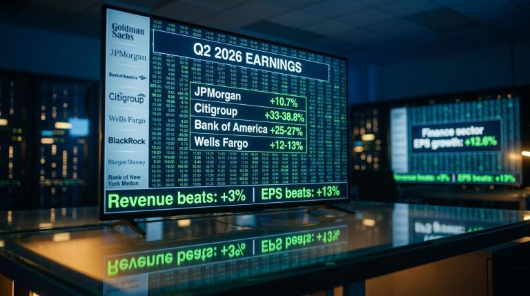 Live Q2 2026 bank earnings scoreboard showing Citigroup 33% and EPS beats of 13% across eight major US banks