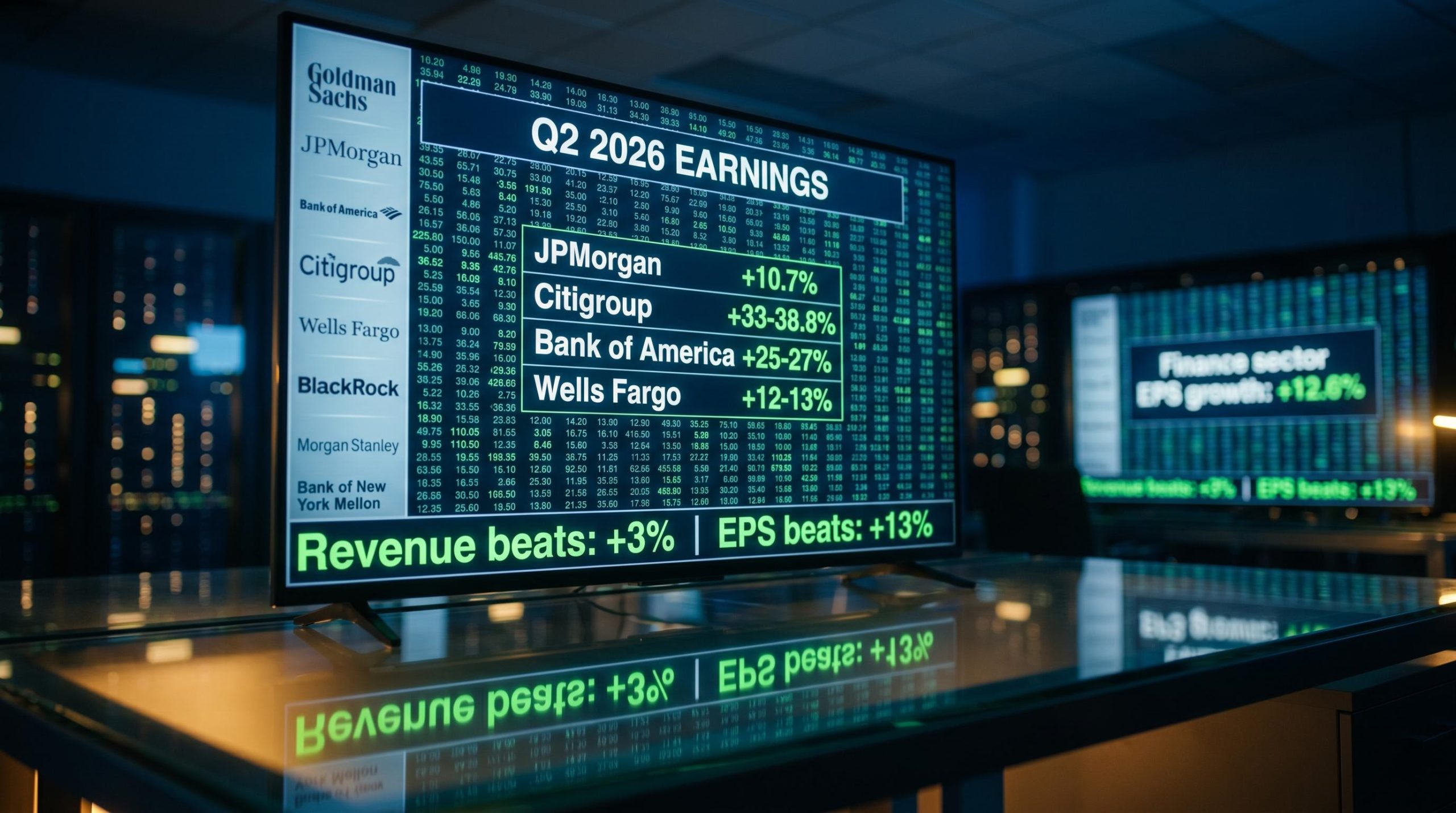 Live Q2 2026 bank earnings scoreboard showing Citigroup 33% and EPS beats of 13% across eight major US banks