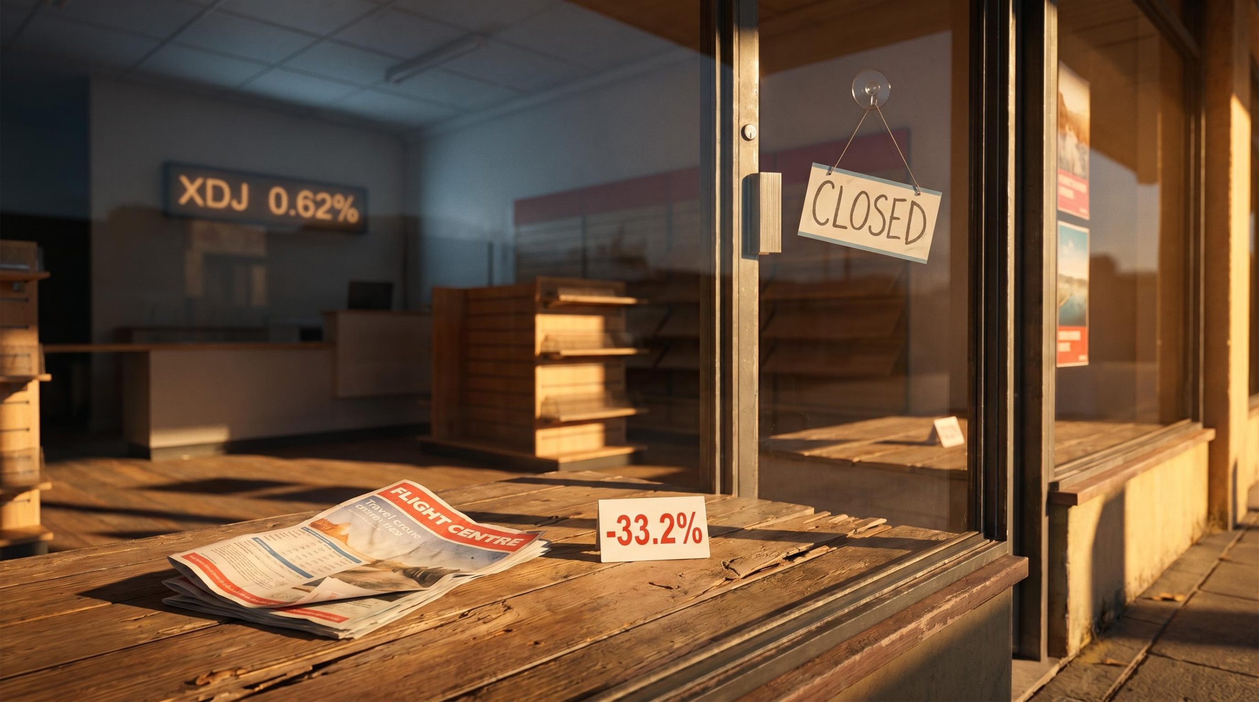 Flight Centre brochure and -33.2% price tag outside empty ASX consumer discretionary shopfront