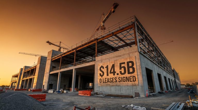 Goodman Group speculative data centre under construction with "$14.5B" pipeline and zero leases signed displayed on site hoarding