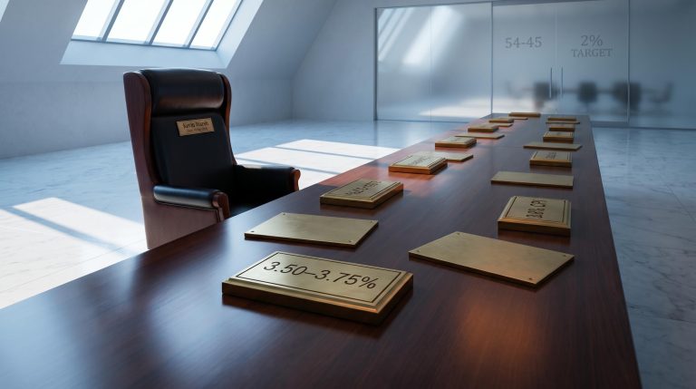 Empty Federal Reserve chair flanked by 12 FOMC voting plaques showing "3.50–3.75%" and "3.8% CPI" — Warsh analysis