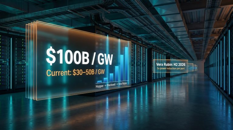 Nvidia $100 billion per gigawatt efficiency target vs $30–50B current range displayed on floating data panels inside AI data centre