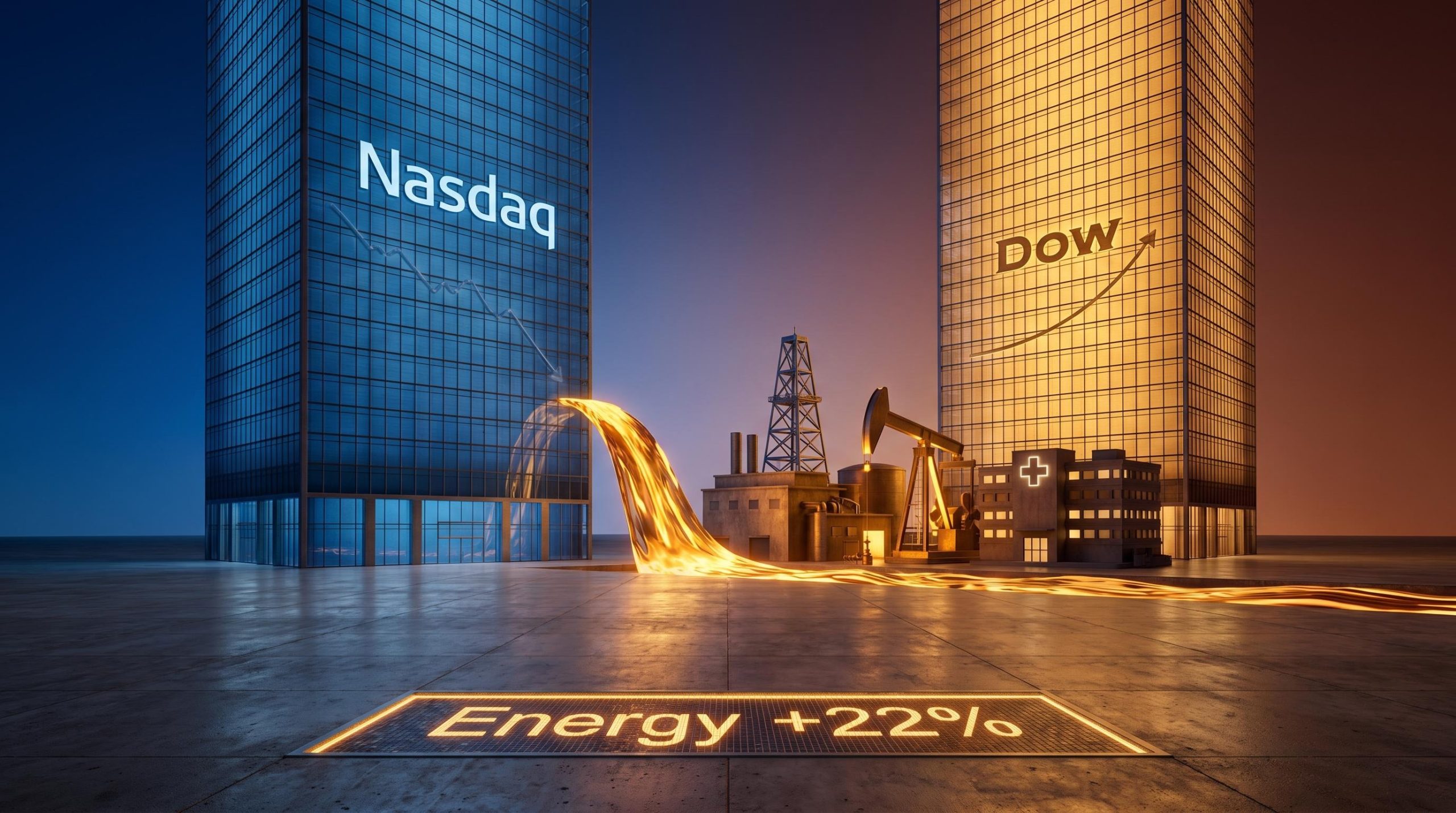 Capital flows away from Nasdaq tech tower toward energy and industrial sectors as sector rotation intensifies in 2026