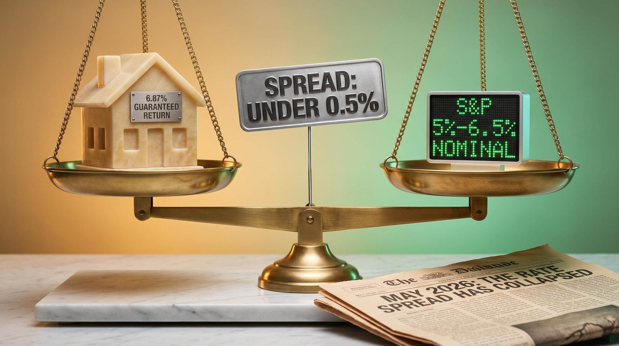 Balanced brass scale comparing 6.87% mortgage prepayment return vs 5%-6.5% equity forecast for invest vs pay off mortgage decision