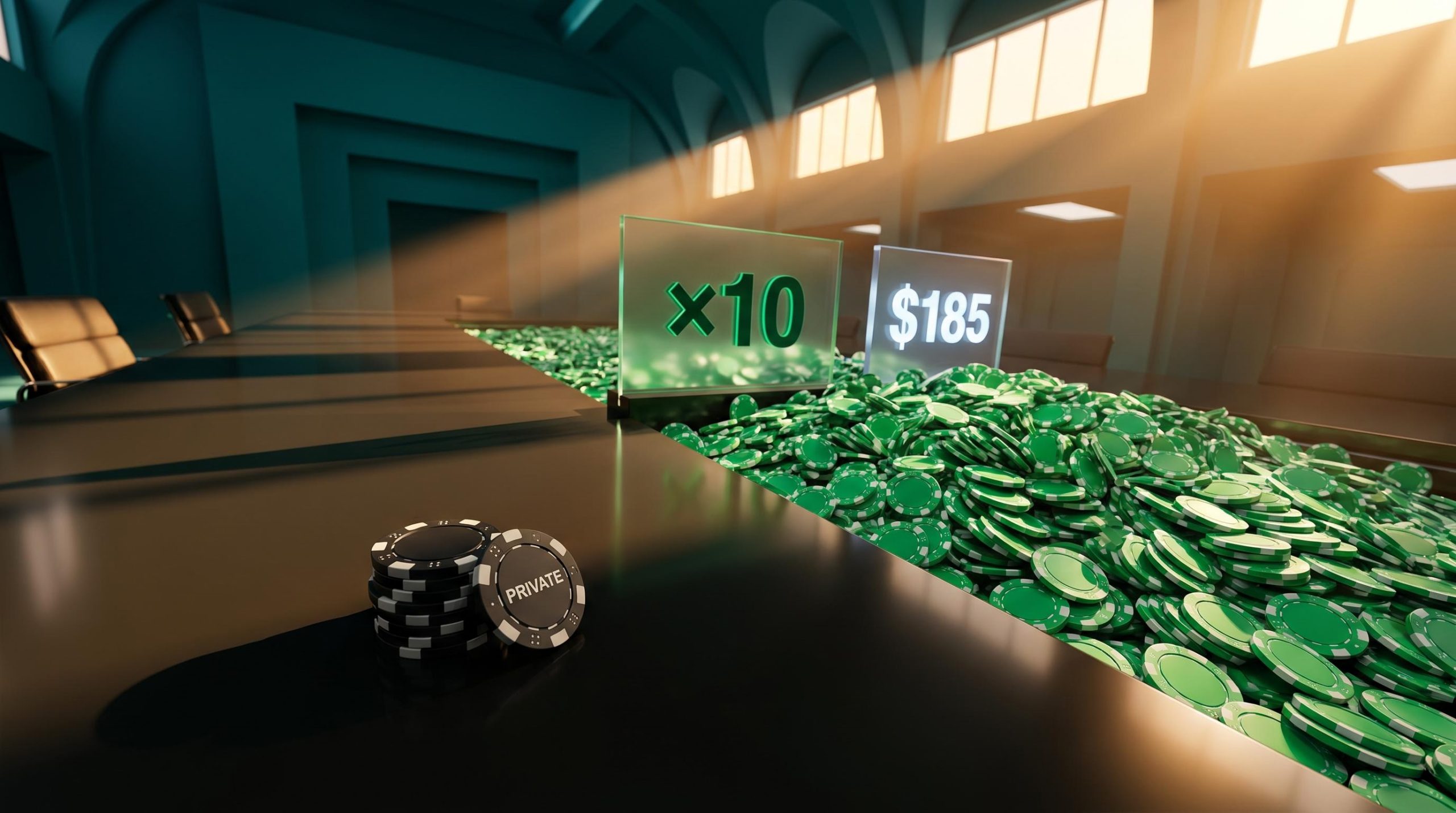 Vast green chip cascade vs. small private stack on obsidian table, illustrating post-IPO returns opportunity