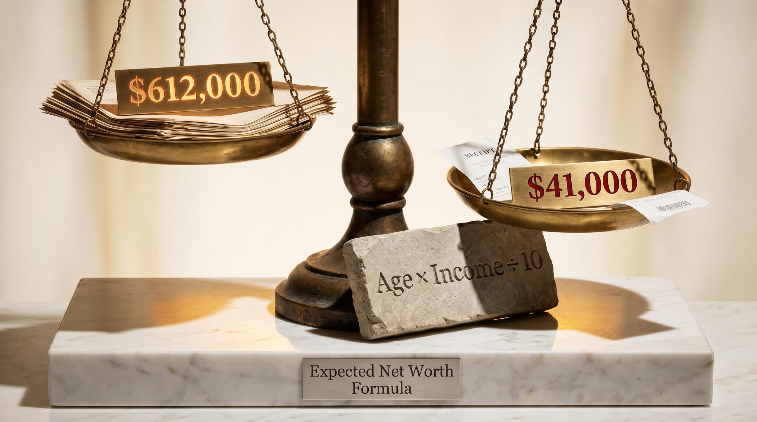 Bronze scale showing "$41,000" vs "$612,000" beside the expected net worth formula Age × Income ÷ 10