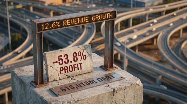 Transurban toll gantry showing 12.6% revenue growth vs –53.8% profit CAGR with $18,018M debt marker