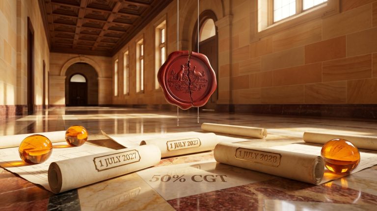 Three unrolled tax reform blueprints on parliament marble floor with cracked wax seal — 2026-27 Federal Budget tax changes