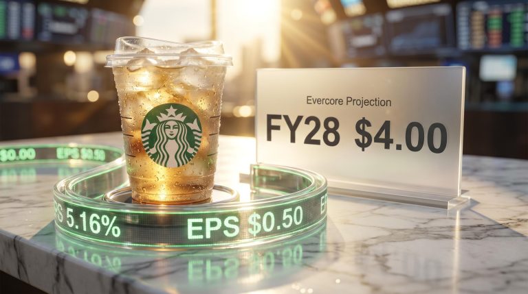 Starbucks iced beverage on a marble desk with glowing glass displays showing a 5.16% jump and $4.00 EPS Starbucks stock forecast