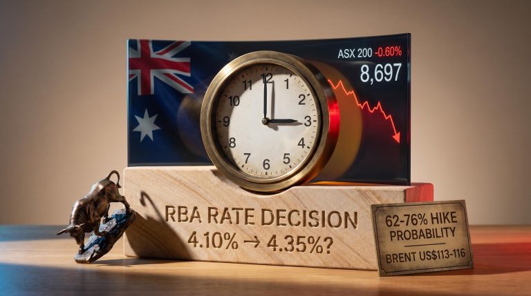ASX 200 at 8,697 with RBA 4.35% rate hike decision clock at 2:30pm driving midday ASX news sell-off