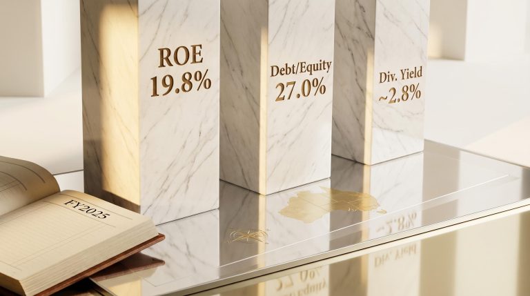 Three marble pillars engraved with QBE's ROE 19.8%, debt-to-equity 27.0%, and dividend yield for blue chip investing