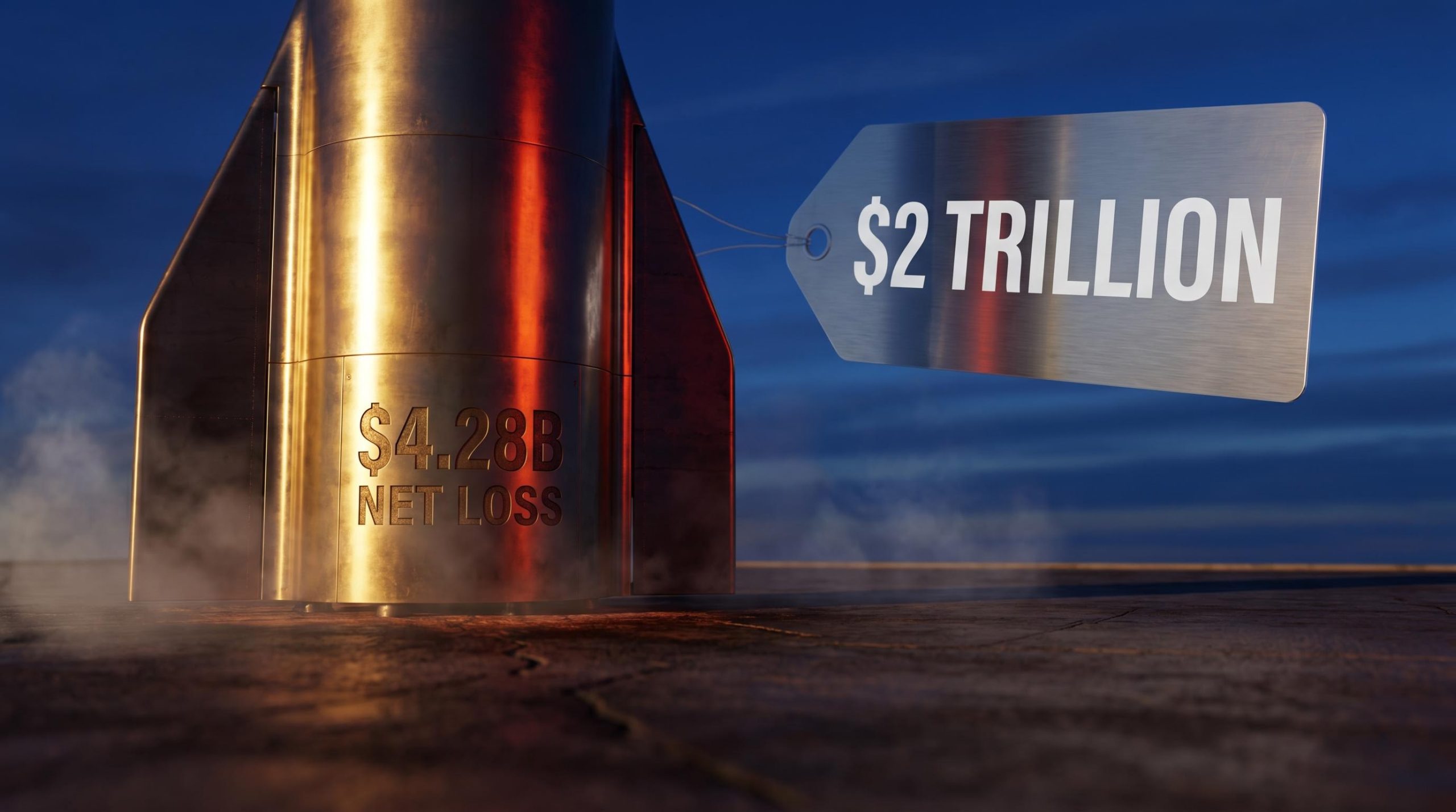 SpaceX Starship rocket engraved with $4.28B net loss beneath a $2 trillion IPO price tag in twilight sky