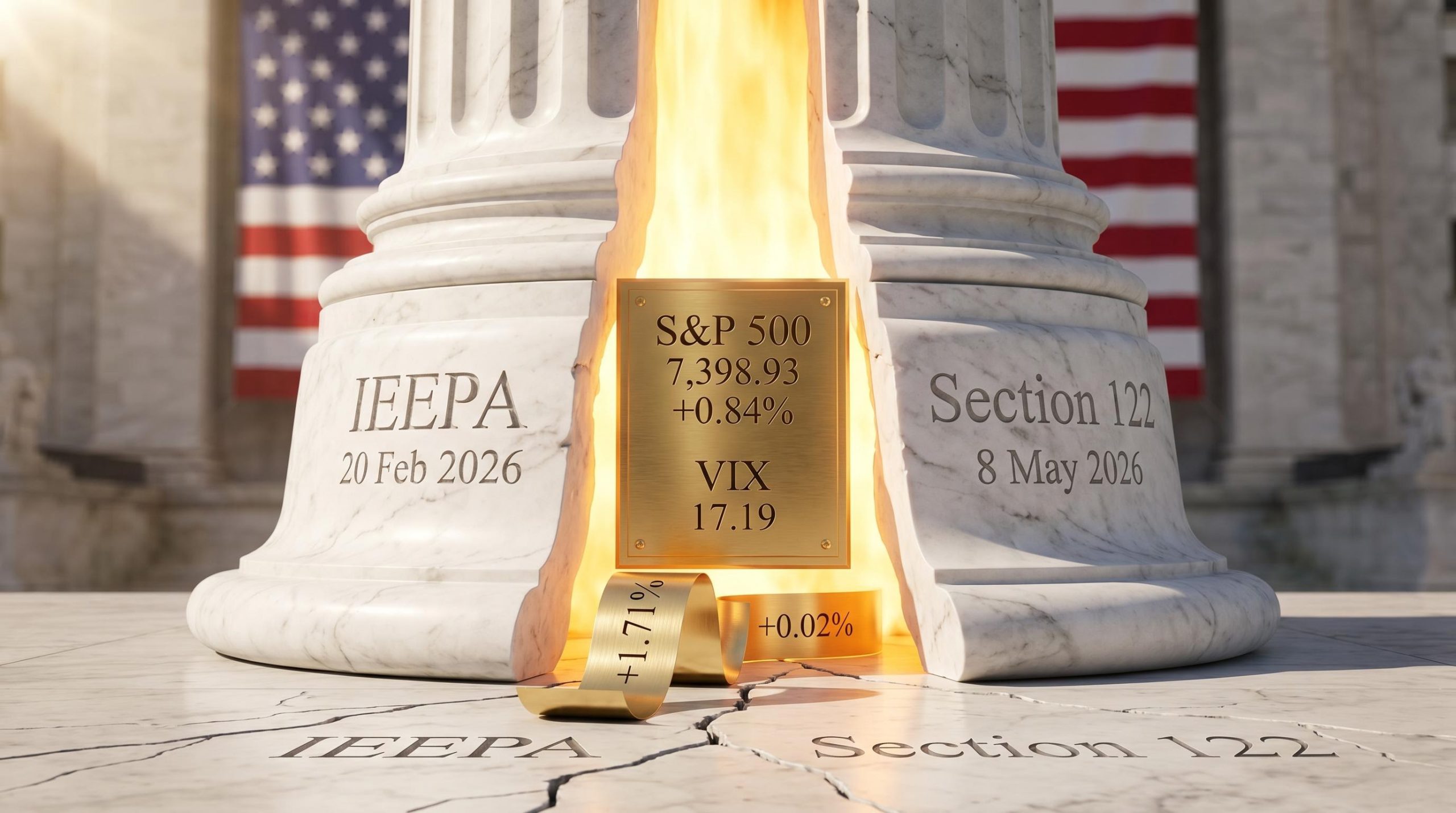 Split courthouse column engraved with IEEPA and Section 122 rulings as S