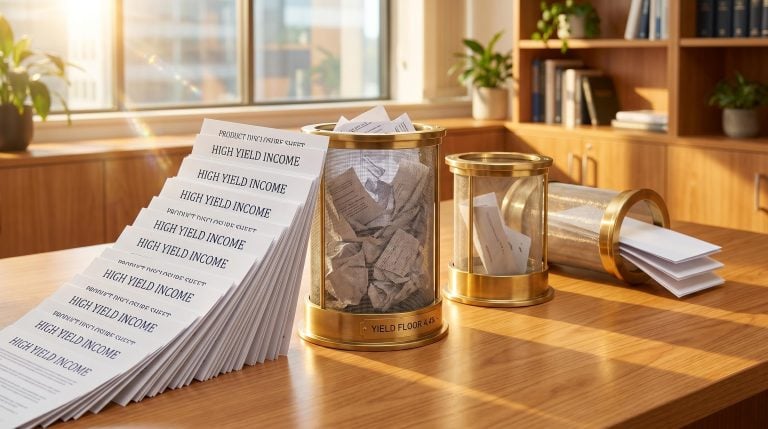 40 ASX income ETF documents funnelled through brass filters down to 3, with yield floor 4.4% marker