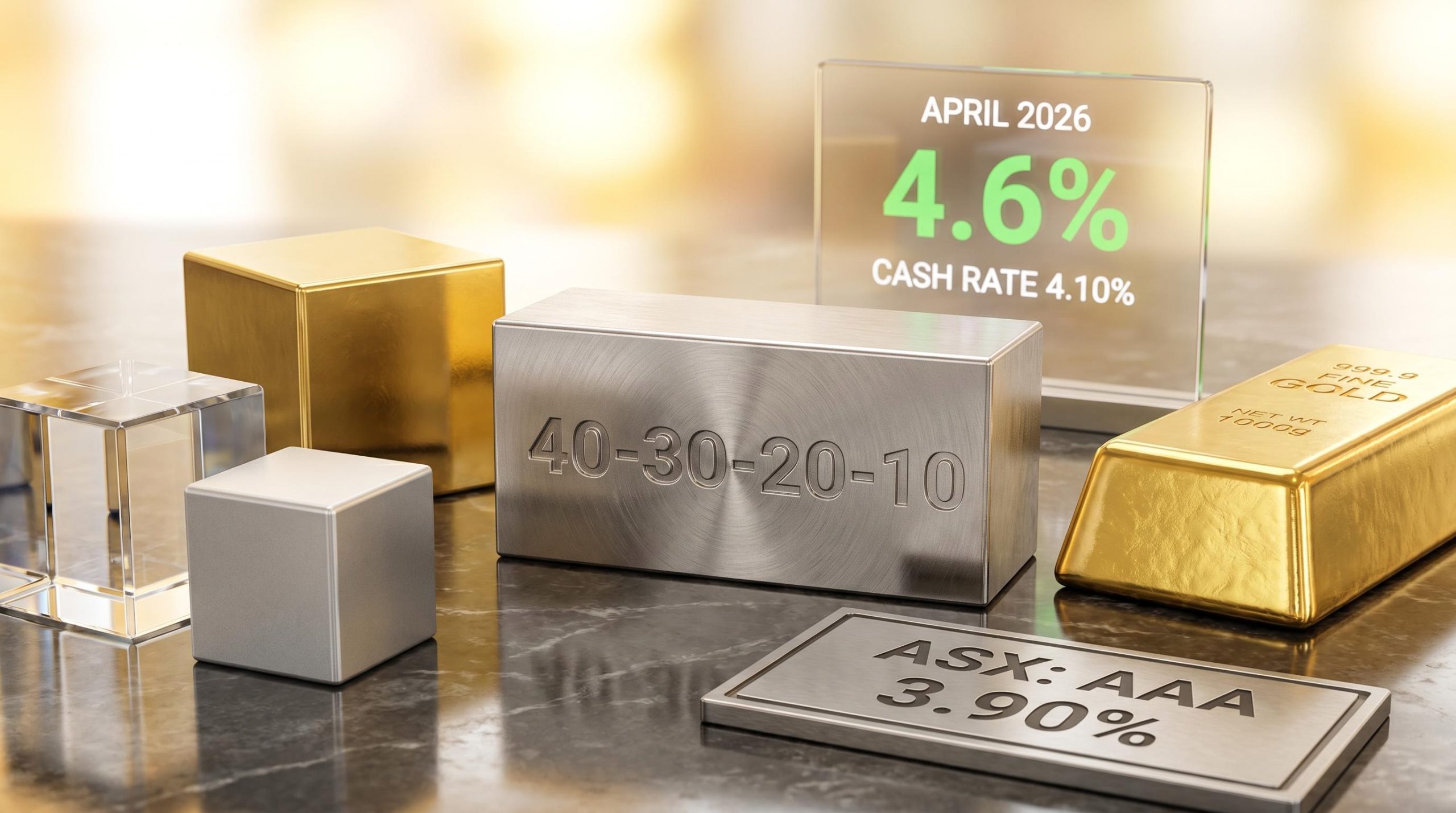 Precision-milled metal blocks and gold bullion display 40-30-20-10 metrics for a modern inflation portfolio strategy.