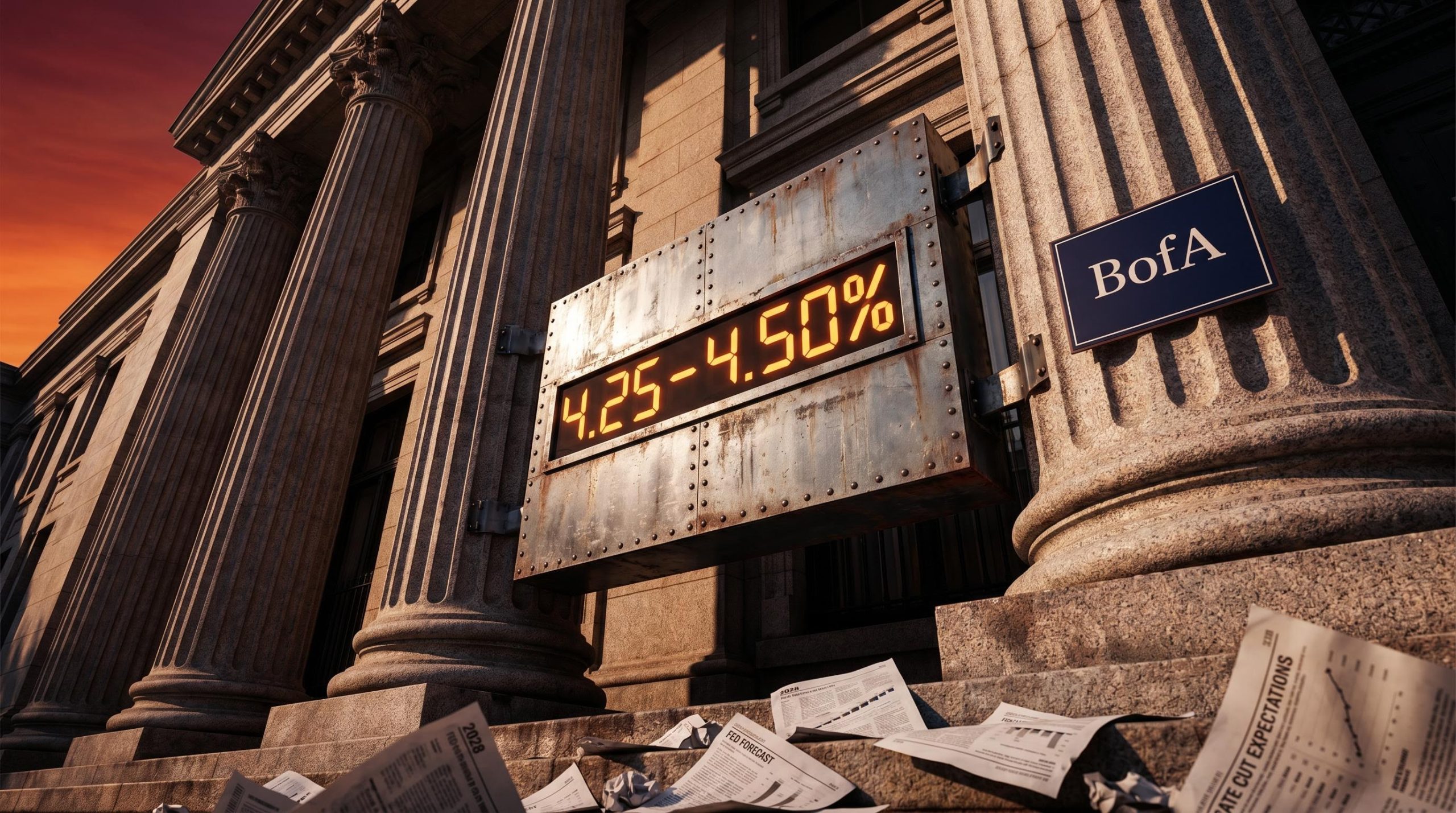 Federal Reserve facade with BofA rate board showing 4.25–4.50% as Bank of America forecasts three Fed rate hikes in 2026