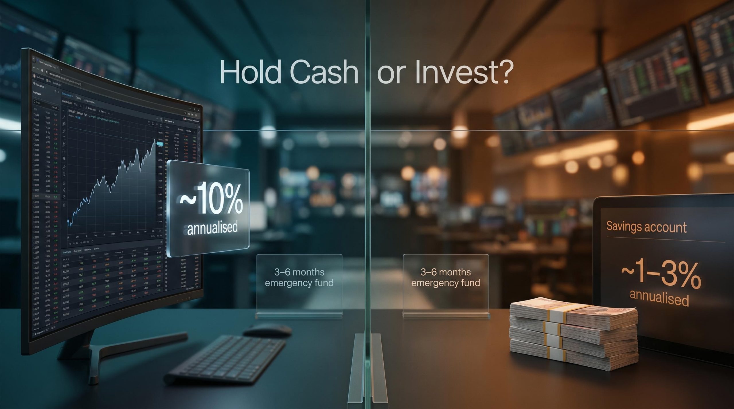 Split-screen brokerage scene comparing ~10% equity returns vs ~1–3% cash returns to illustrate hold cash or invest decision