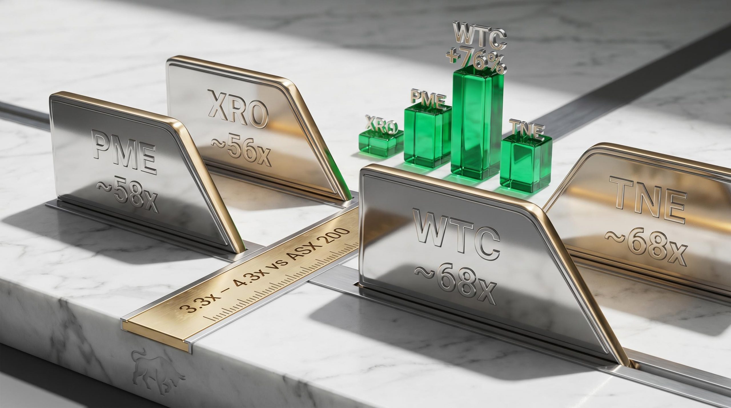 ASX tech stocks PME WTC TNE XRO trading at 56–68x trailing earnings shown as chrome valuation plaques on marble