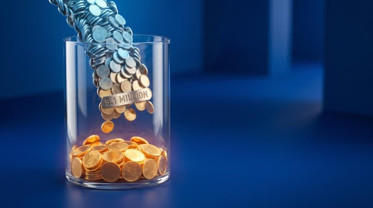 Glass vessel with small gold coin base overwhelmed by flooding coins illustrating equity line of credit dilution mechanics