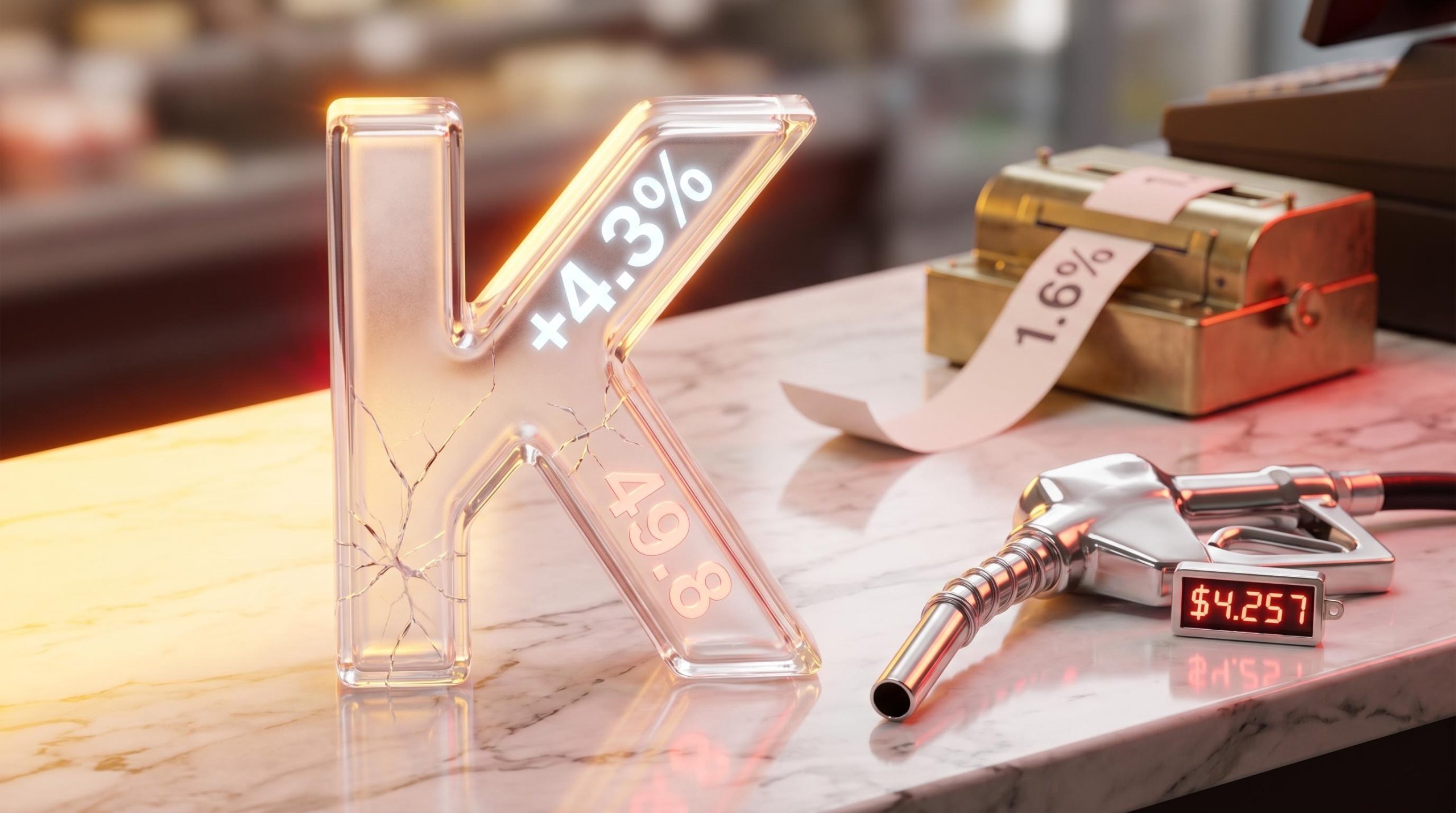 K-shaped sculpture and gas nozzle displaying $4.257 on a checkout counter, signaling a fractured economic outlook.