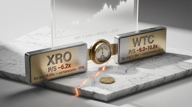 XRO and WTC ticker plaques on cracked marble showing ASX growth stocks P/S compression vs five-year averages