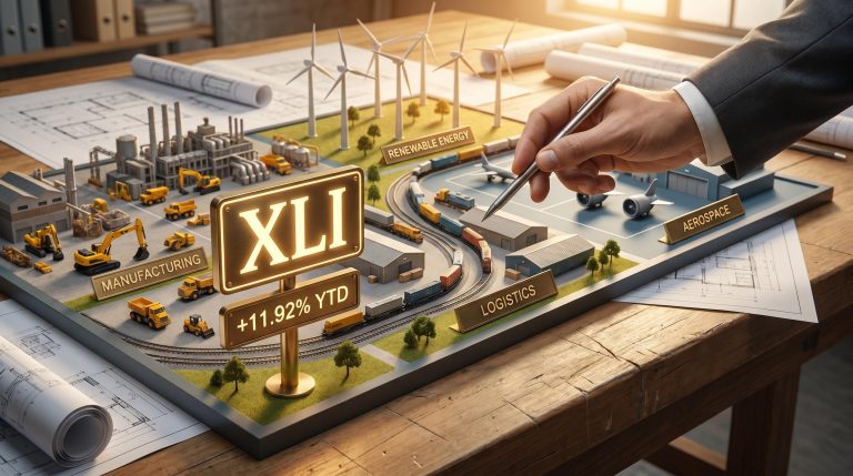 Industrial sector scale model with XLI ETF signpost showing sub-sector zones for investing in the industrial sector