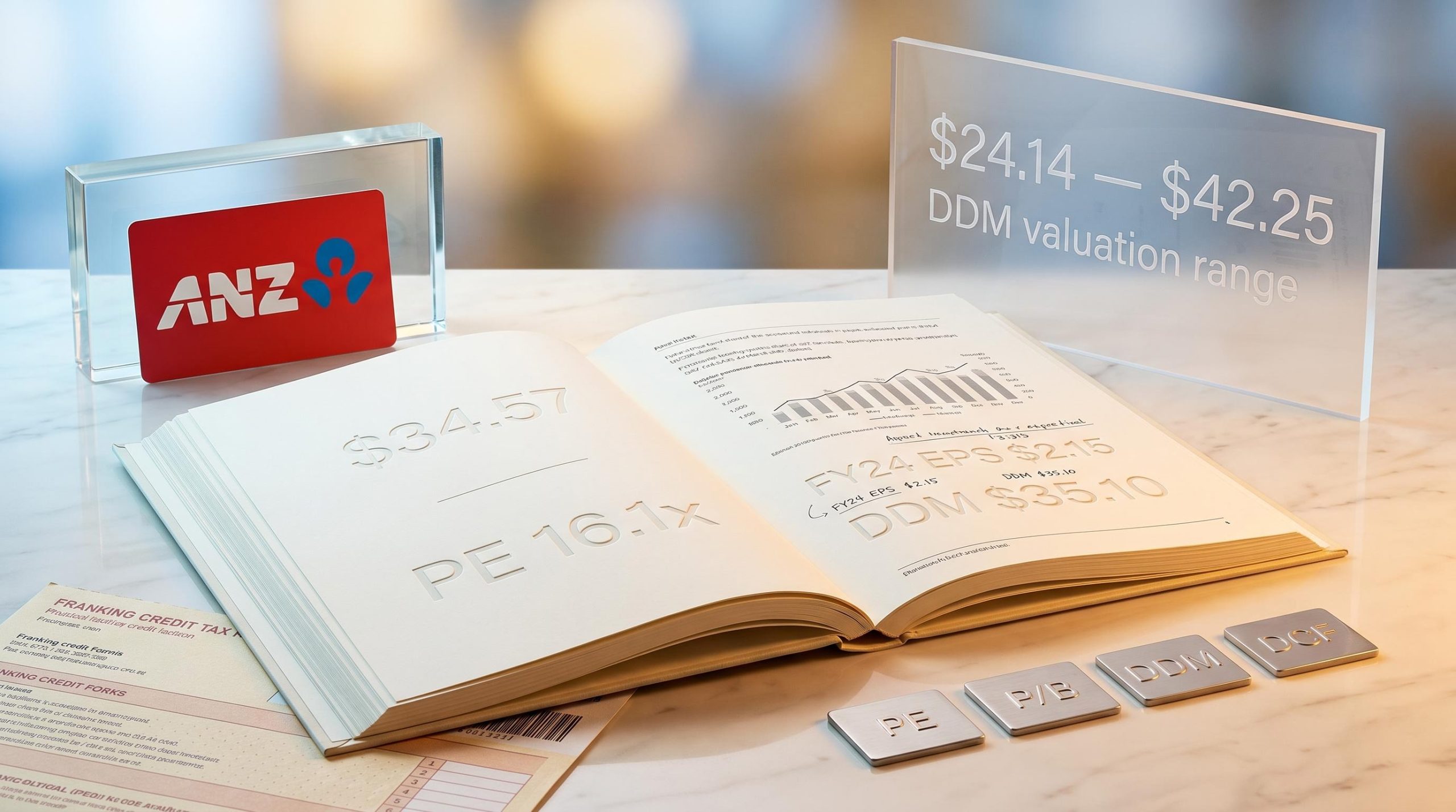ANZ valuation metrics PE 16.1x and DDM range $24.14–$42.25 on stock valuation research dossier