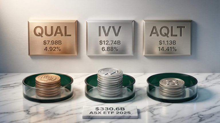 QUAL, IVV, and AQLT ETF plaques with fund sizes and returns in a three-fund ASX ETF portfolio composition