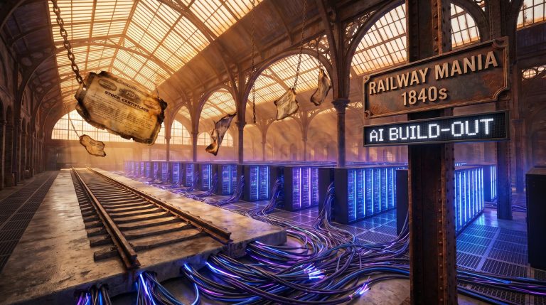 Victorian railway terminus merged with AI data centre, symbolising the recurring boom-bust cycle of the AI tech bubble