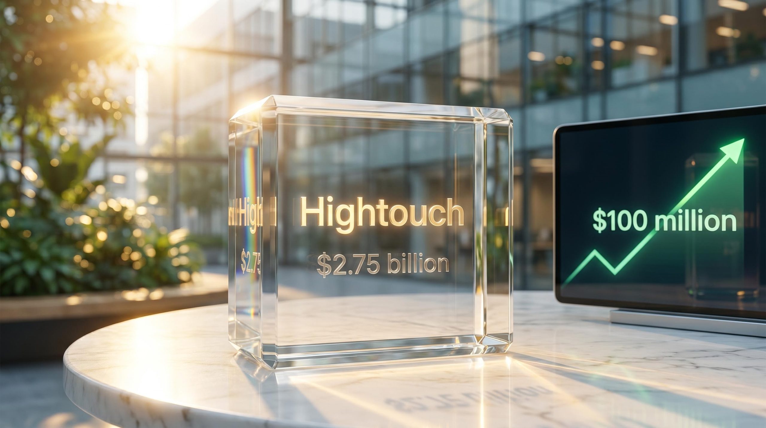 Glass financial plaque displaying Hightouch funding success with $2.75 billion valuation and $100 million ARR chart.