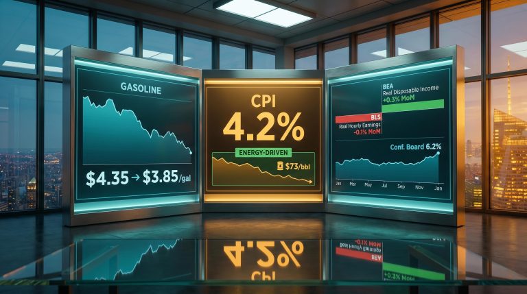 Three-panel financial data terminal showing CPI 4.2%, gasoline price drop to $3.85, and inflation expectations at 6.2%