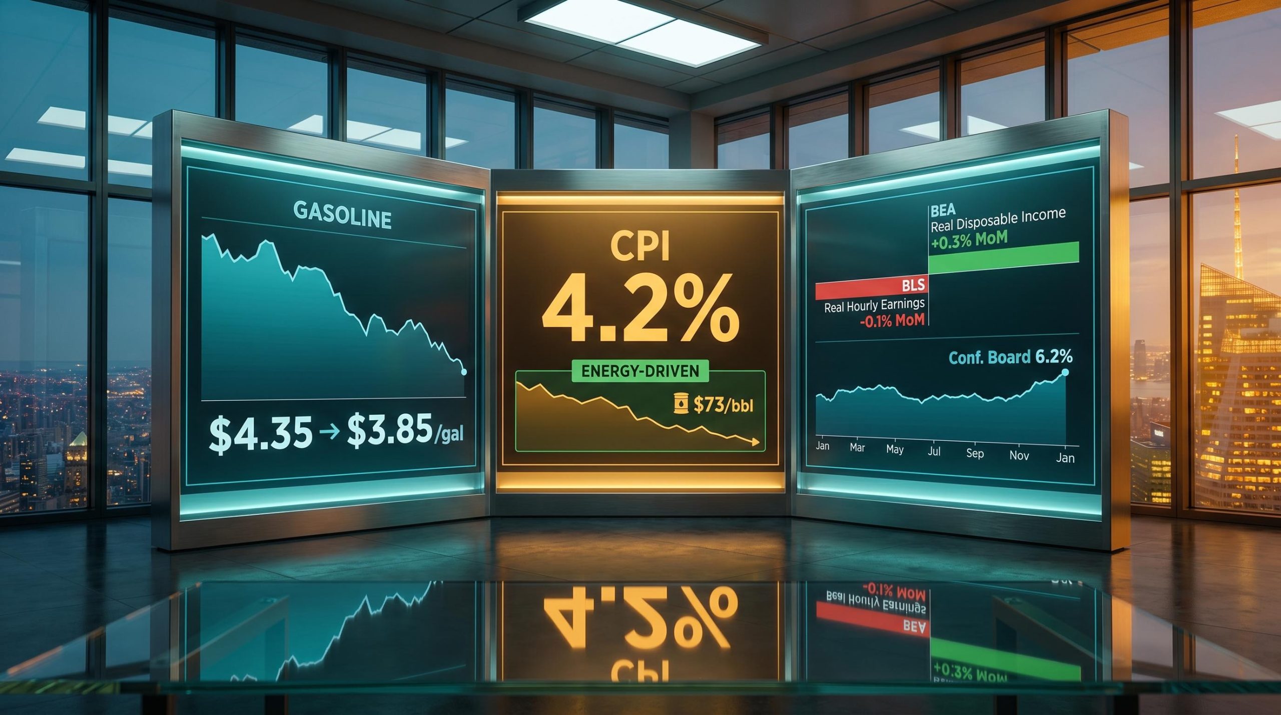 Three-panel financial data terminal showing CPI 4.2%, gasoline price drop to $3.85, and inflation expectations at 6.2%