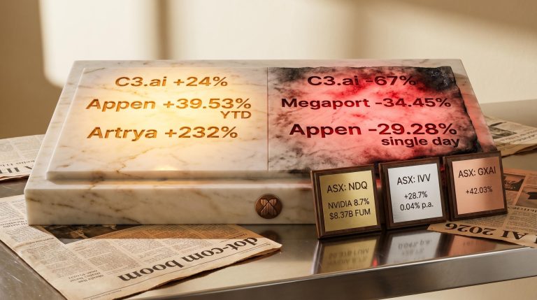 ASX AI ETFs NDQ IVV GXAI returns vs C3.ai -67% and Appen -29% drawdowns on marble ledger